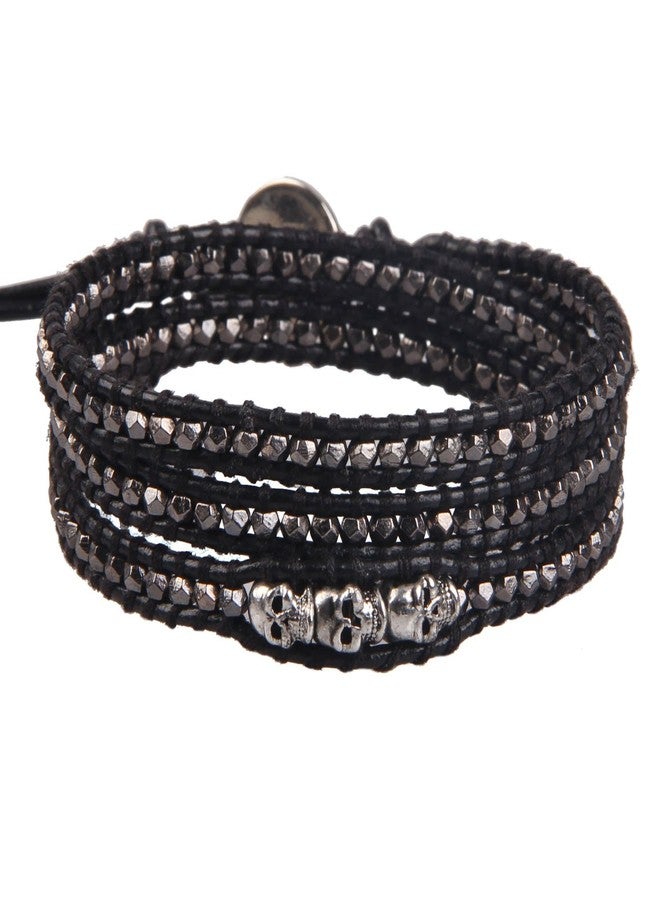KELITCH Skull 3 Wrap Leather Bracelet Punk Beaded Bracelets Stackable Gothic Bangle Bracelets - Image 1