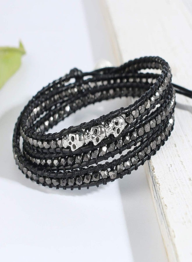 KELITCH Skull 3 Wrap Leather Bracelet Punk Beaded Bracelets Stackable Gothic Bangle Bracelets - Image 5