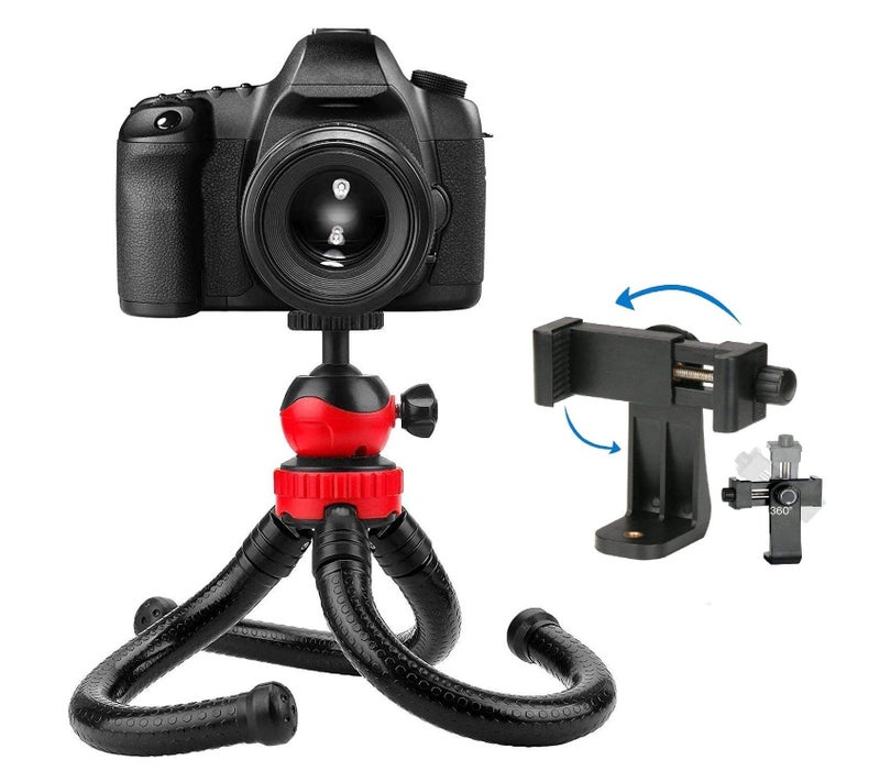 HIFFIN® 12 Inches Height Gorillapod Tripod with 360° Rotating Ball Head Tripod for All DSLR Cameras(Max Load 1.5 kgs) & Mobile Phones (Black/Red) with Triopod Holder - Image 1