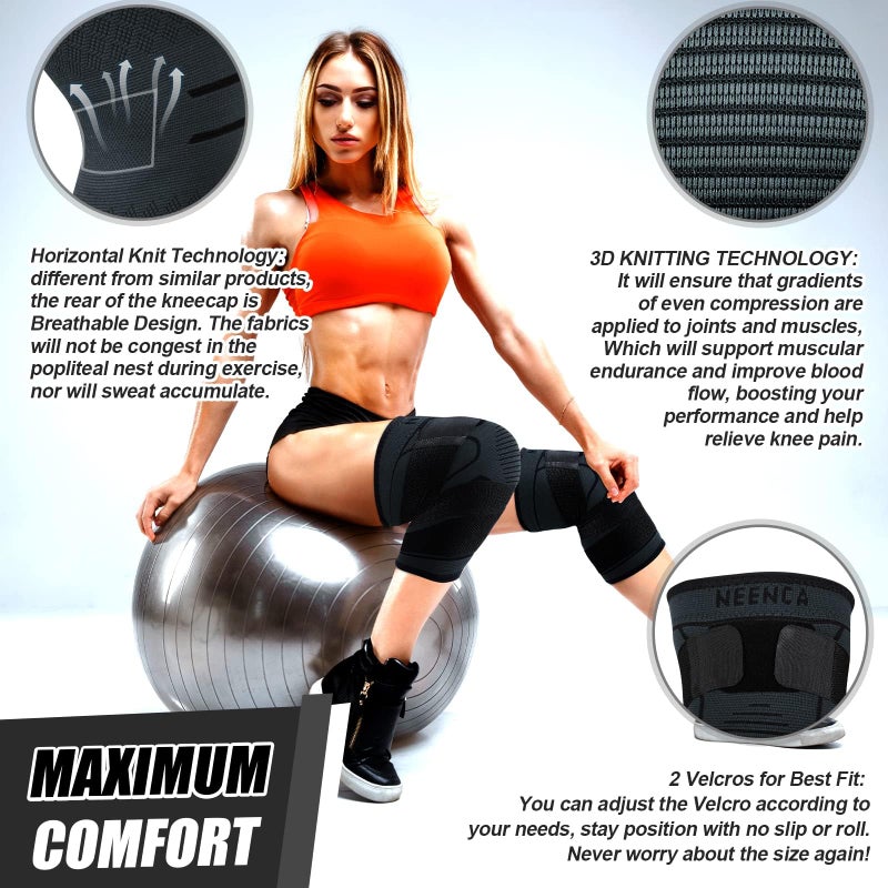 NEENCA Knee Braces for Knee Pain- 2 Pack Knee Sleeves for Pain Relief Set, Knee Compression Sleeves with Adjustable Straps for Best Fit, for Sports, Runner, Meniscus Tear, ACL, Arthritis, Joint Pain.. - Image 4