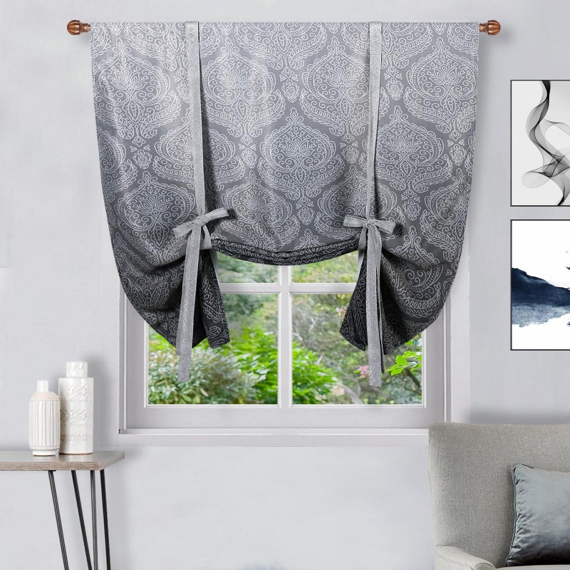 DWCN Ombre Blackout Curtains-Damask Patterned Tie Up Shade for Window Thermal Insulated Room Darkening Rod Pocket Curtains for Kitchen, Grey, W42 X L63 Inches, 1 Panel - Image 1