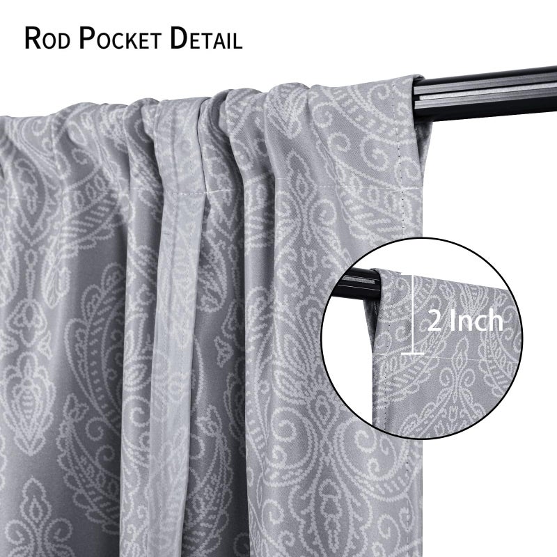 DWCN Ombre Blackout Curtains-Damask Patterned Tie Up Shade for Window Thermal Insulated Room Darkening Rod Pocket Curtains for Kitchen, Grey, W42 X L63 Inches, 1 Panel - Image 2