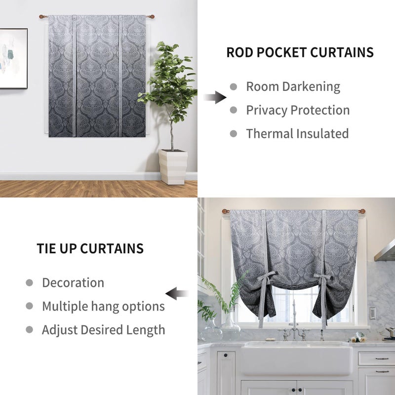 DWCN Ombre Blackout Curtains-Damask Patterned Tie Up Shade for Window Thermal Insulated Room Darkening Rod Pocket Curtains for Kitchen, Grey, W42 X L63 Inches, 1 Panel - Image 3