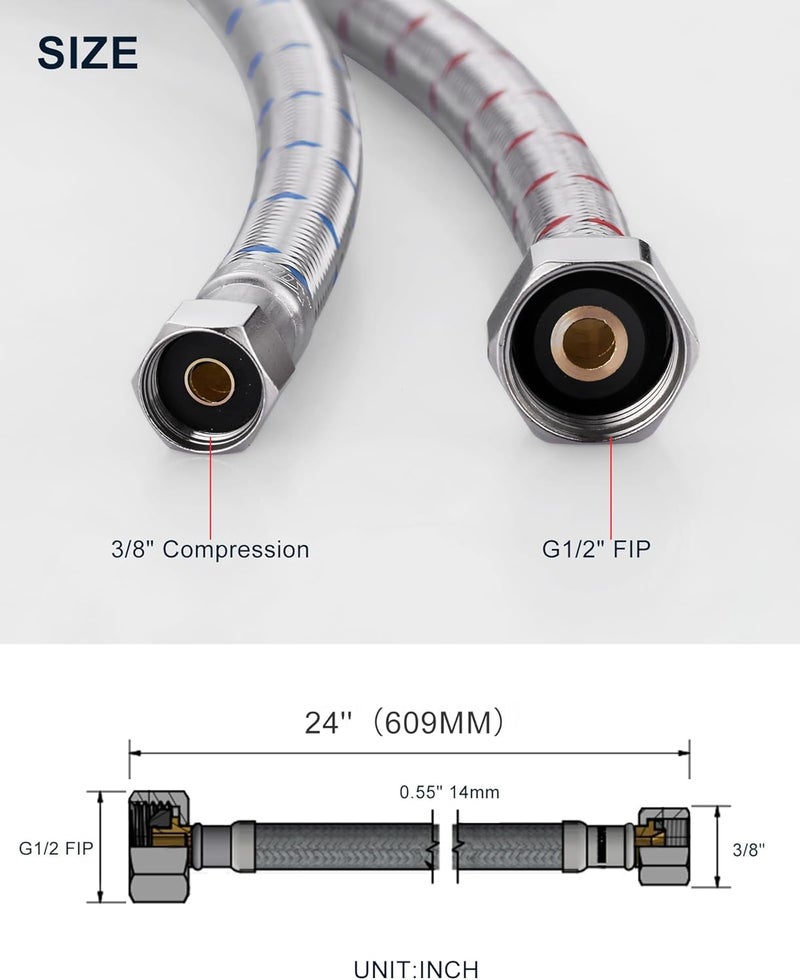 ALEASHA 24'' Long Faucet Connector, Stainless Steel Braided cUPC Faucet Supply Lines G1/2" FIP x 3/8" Compression Sink Hose Attachment Toilet Water Hose Replacement Parts 2 PCS - Image 5