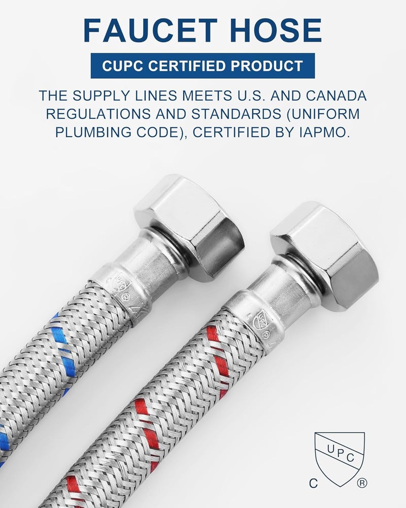 ALEASHA 24'' Long Faucet Connector, Stainless Steel Braided cUPC Faucet Supply Lines G1/2" FIP x 3/8" Compression Sink Hose Attachment Toilet Water Hose Replacement Parts 2 PCS - Image 4