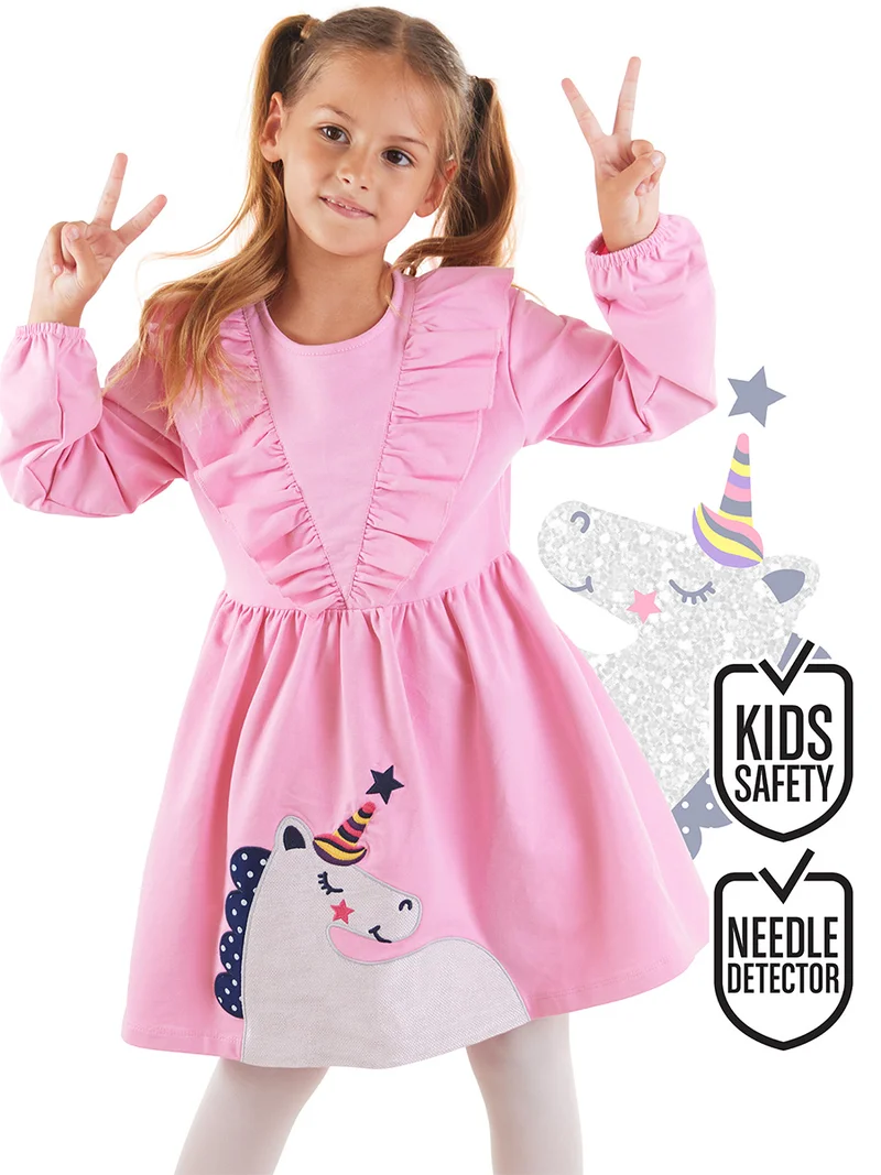 دينوكيدس فستان وردي للبنات بتصميم وحيد القرن لامع