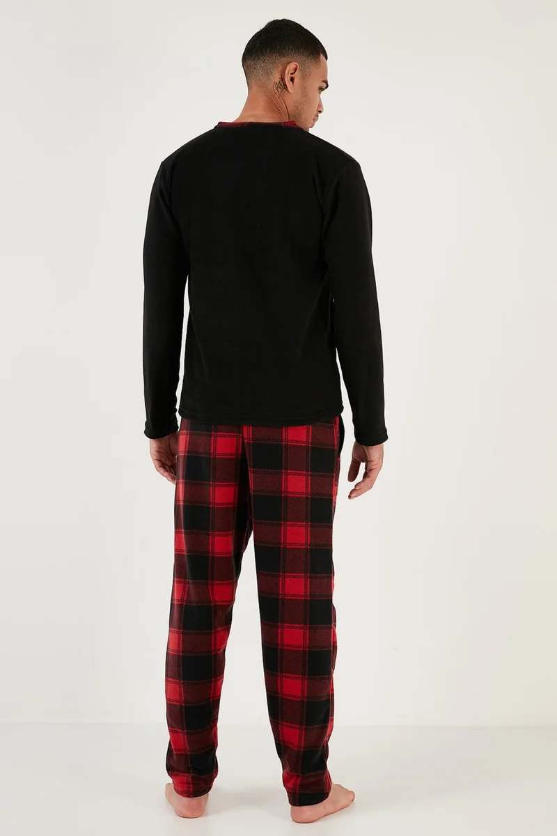 Buratti Plaid Regular Fit Buttoned Crew Neck Winter Fleece Pajama Set Men's Pajama Set 60961001