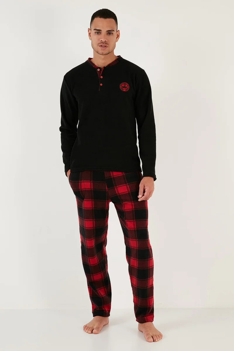 Buratti Plaid Regular Fit Buttoned Crew Neck Winter Fleece Pajama Set Men's Pajama Set 60961001