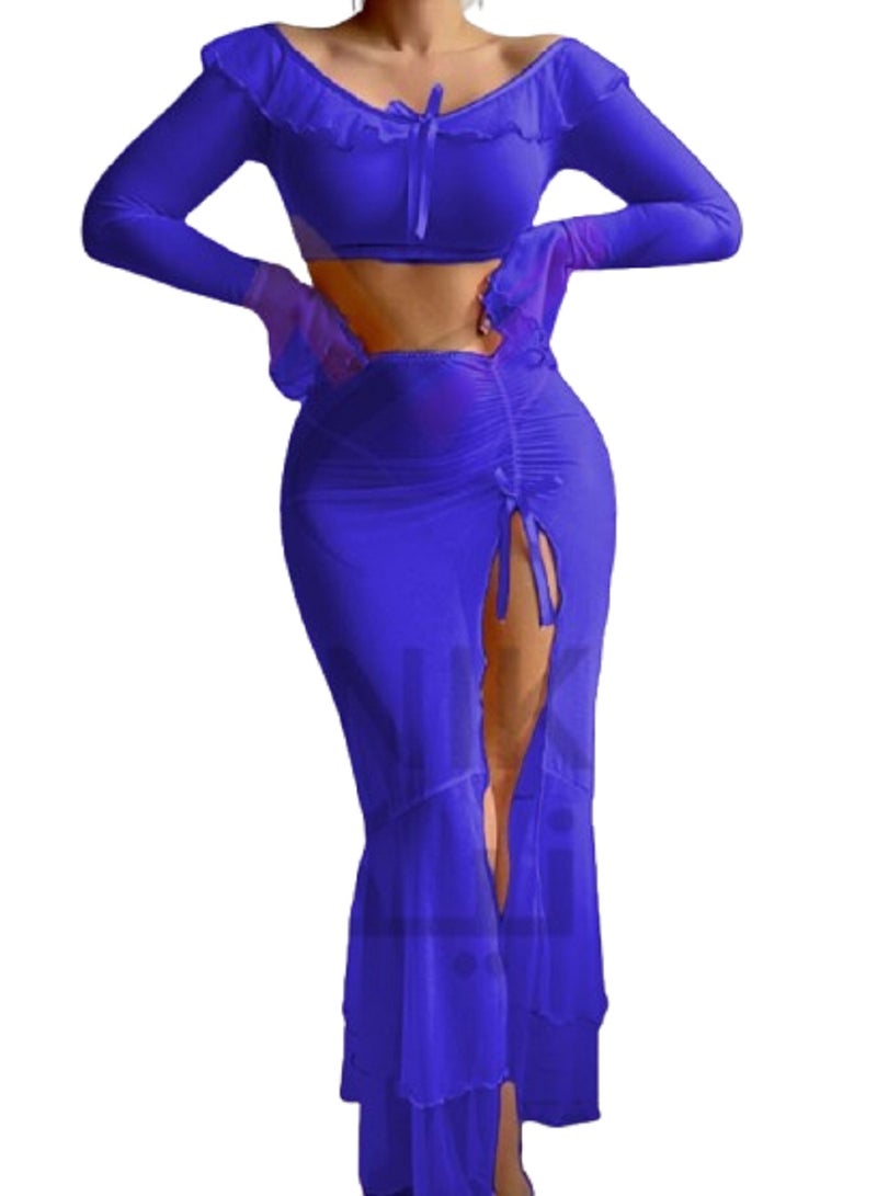 MANIKAN Women's Two-Piece Set Off-Shoulder Crop Top with Flared Long Sleeves and High-Slit Maxi Skirt Featuring Ruffle Details - Image 3