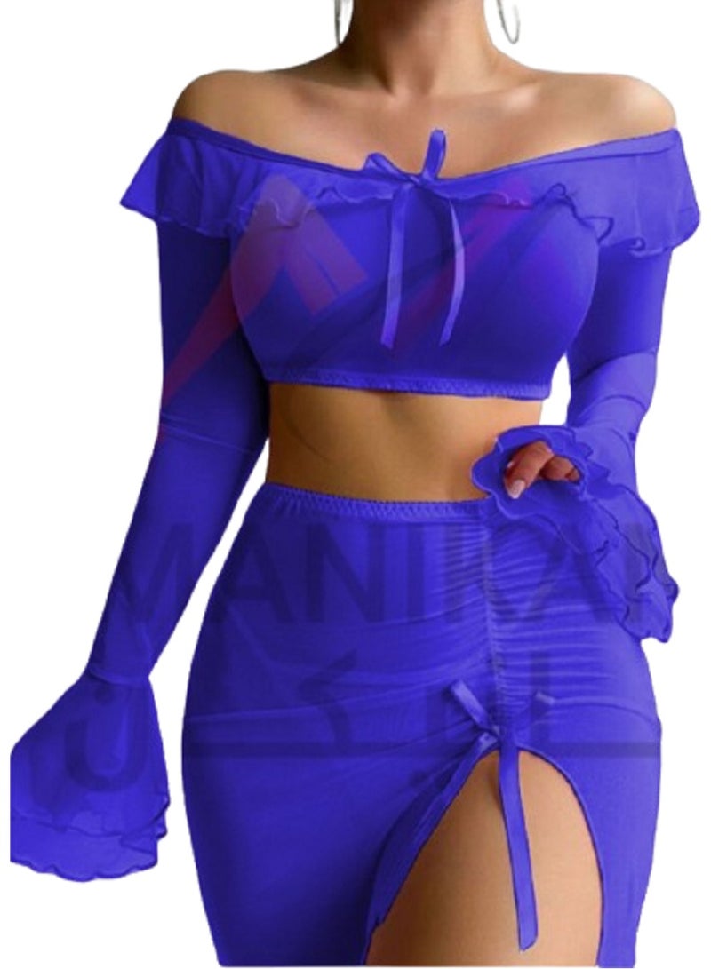 MANIKAN Women's Two-Piece Set Off-Shoulder Crop Top with Flared Long Sleeves and High-Slit Maxi Skirt Featuring Ruffle Details - Image 2