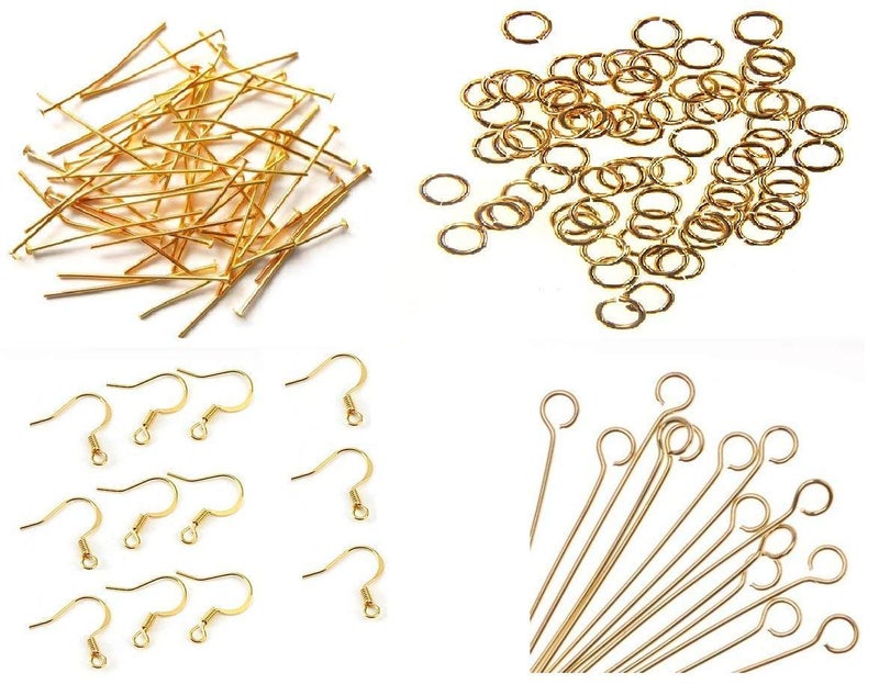 PMW Jewellery findings Pack of 200 Gold Jump Rings 100 Head pins 100 eyepins 50 Ear Hook Clasps