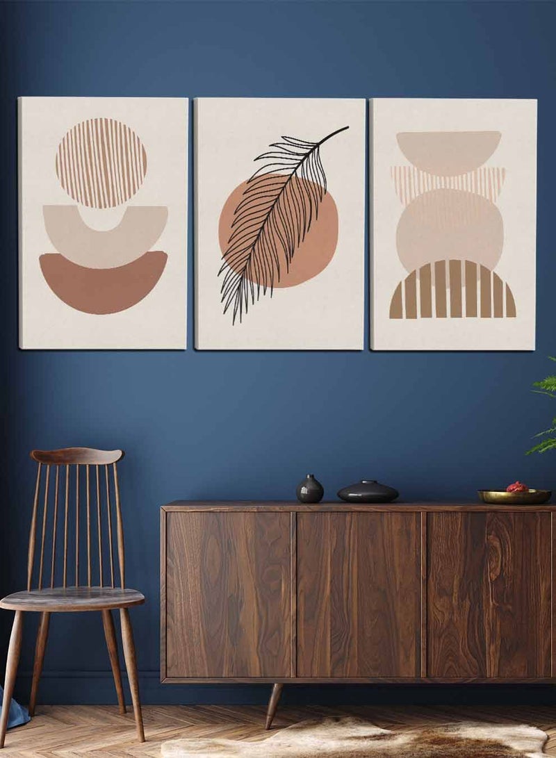 LOWHA Set Of 3 Framed Canvas Wall Arts Stretched Over Wooden Frame, Abstract Leaves and Circle Paintings, For Home, Living Room, Office Decor - Image 1