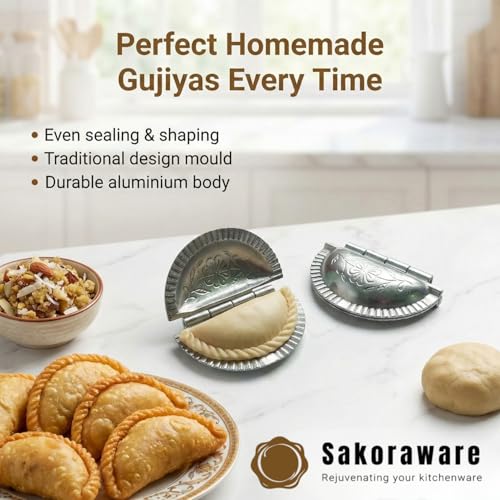 Sakoraware Aluminium Gujiya Karanji Maker | Gujia Mould Cutter Sacha Machine | Dumpling Maker Kitchen Moulds for Festivals (Silver) - Image 2