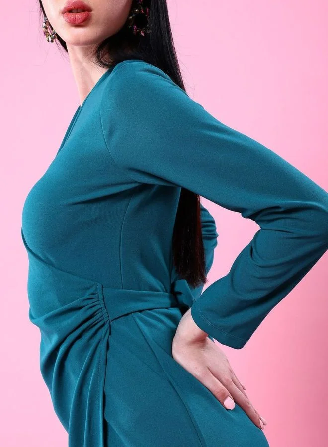 Freehand  Women Regular Fit Solid V-Neck Long Sleeve Wrap Dress for Women | Best Price UAE