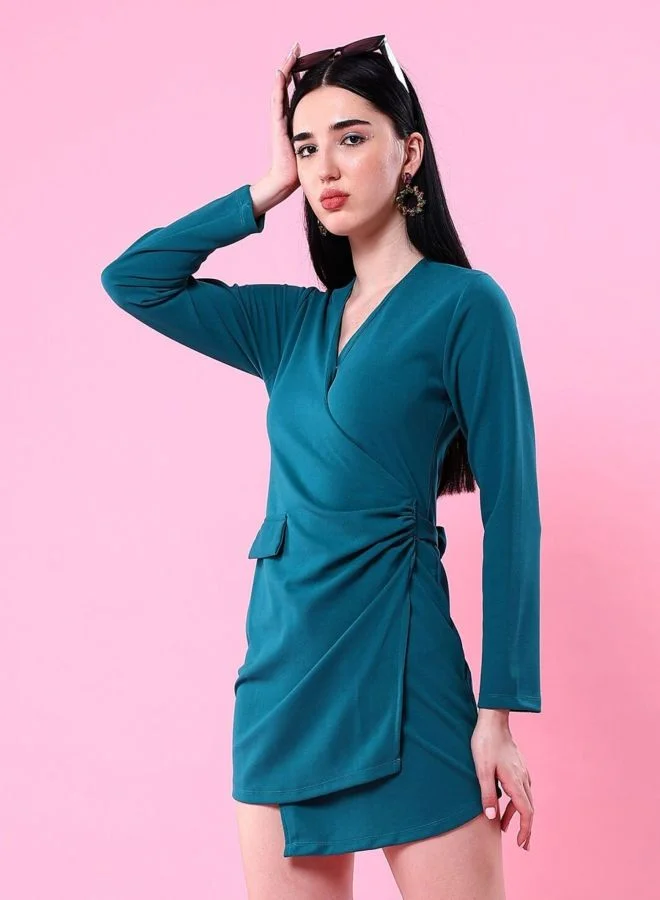 Freehand  Women Regular Fit Solid V-Neck Long Sleeve Wrap Dress for Women | Best Price UAE