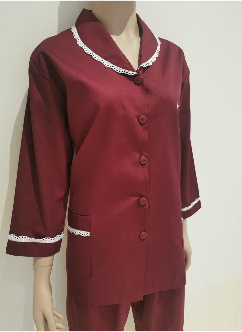 Rannah's Closet - Domestic Helper Uniform Elegant Kolcha Design Maroon House Maid Uniform Set Top and Pants - Image 1