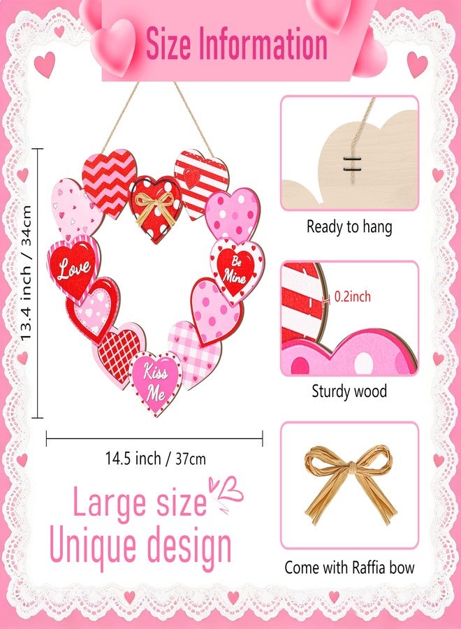 CIOEY Valentines Day Heart Door Sign, Love Wooden Sign, Happy Valentines Day Be Mine and Kiss Me Wreath Decor for Front Door, 12 Hearts Pattern Wood Heart Sign with Raffia Bow - Image 2