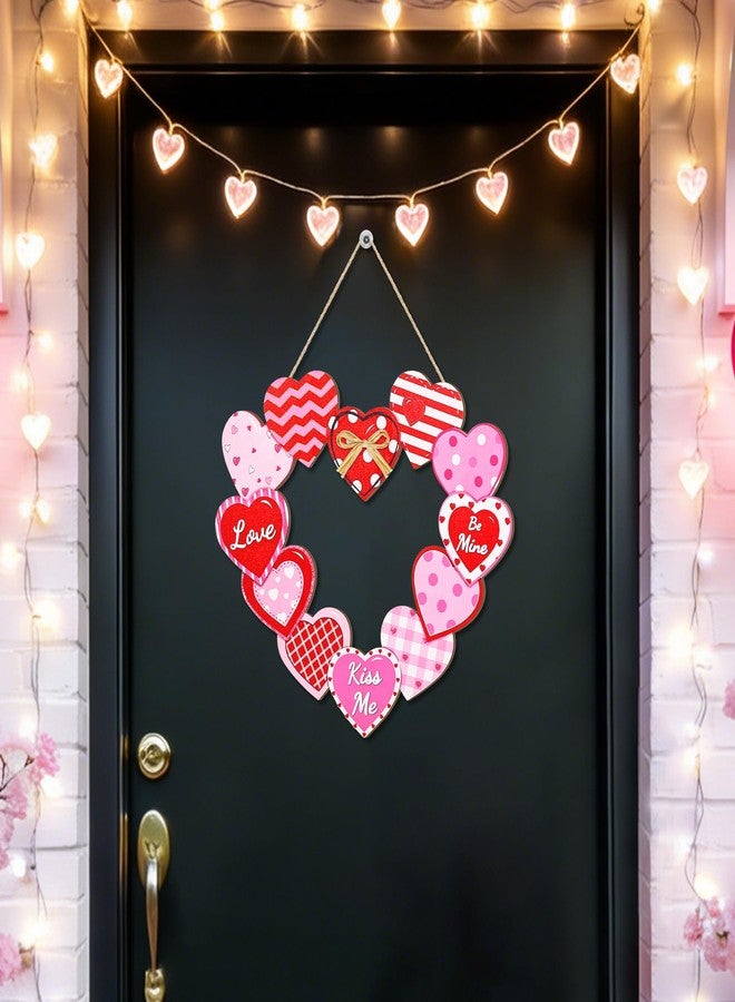 CIOEY Valentines Day Heart Door Sign, Love Wooden Sign, Happy Valentines Day Be Mine and Kiss Me Wreath Decor for Front Door, 12 Hearts Pattern Wood Heart Sign with Raffia Bow - Image 4