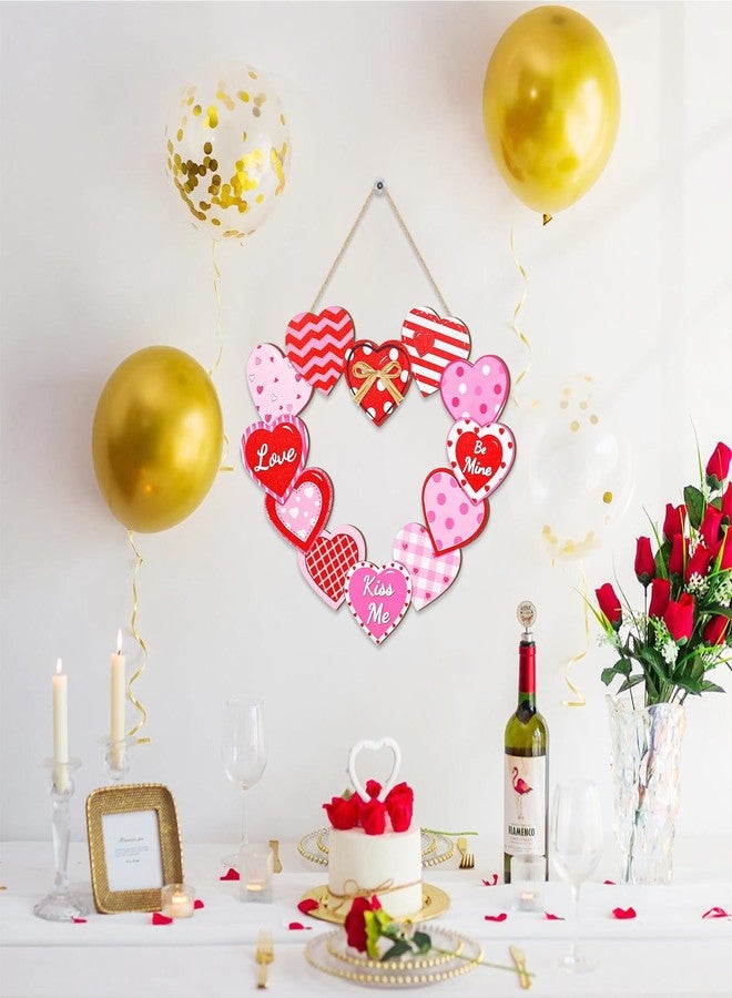 CIOEY Valentines Day Heart Door Sign, Love Wooden Sign, Happy Valentines Day Be Mine and Kiss Me Wreath Decor for Front Door, 12 Hearts Pattern Wood Heart Sign with Raffia Bow - Image 5
