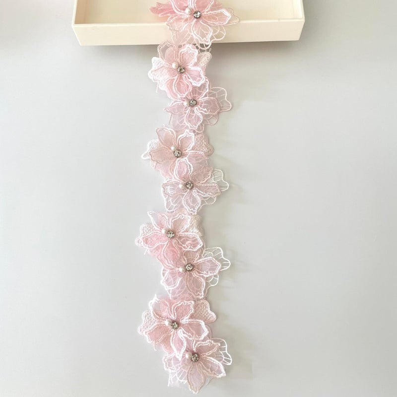 Buysk 2 Yards 3D Pearl Beads Flower Lace Trim Ribbon Floral Applique Embroidered Lace Fabric for Sewing DIY Crafts Pink - Image 3