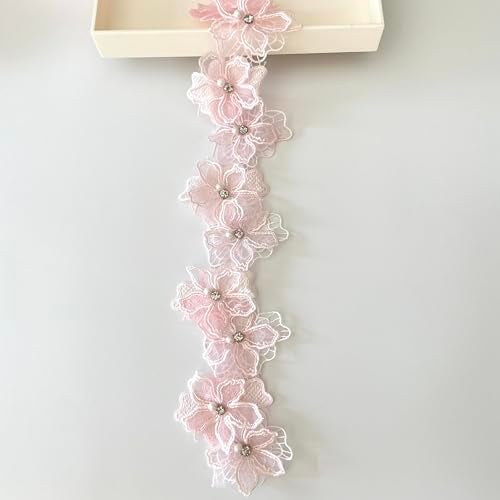 Buysk 2 Yards 3D Pearl Beads Flower Lace Trim Ribbon Floral Applique Embroidered Lace Fabric for Sewing DIY Crafts Pink - Image 1