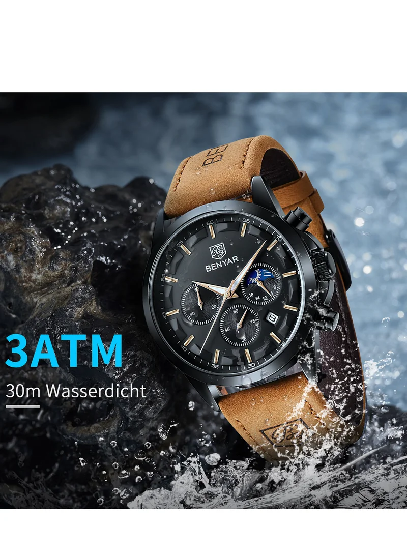 بينيار بواسطة بينيار الرجال ساعات التناظرية الكوارتز كرونوغراف الماء ساعات المعصم للرجال الأعمال العادية مصمم فستان ساعة مع التقويم هدايا أنيقة للرجال
