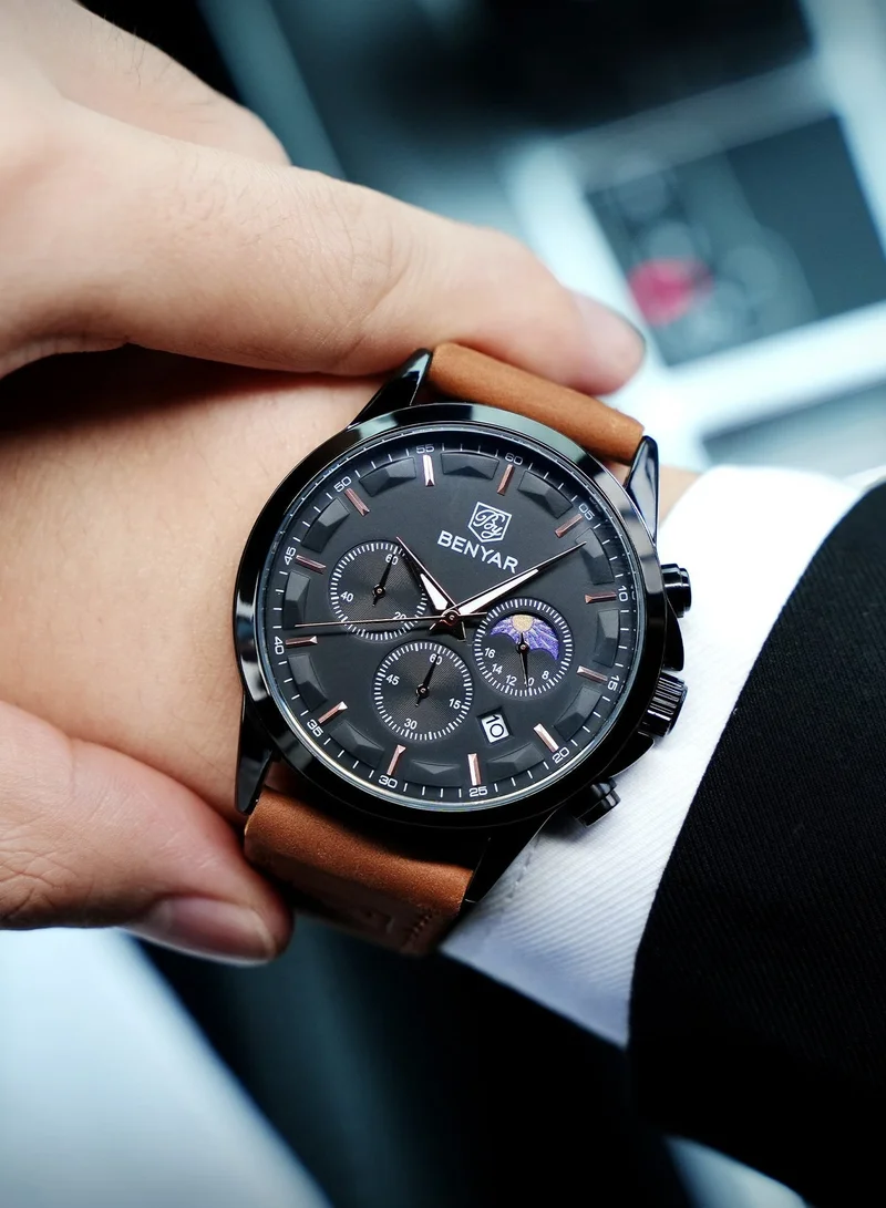 Benyar Buckle B BY BENYAR Mens Watches Analog Quartz Chronograph Waterproof Wrist Watches for Men Business Work Casual Designer Dress Watch with Calendar Elegant Gifts for Men for Men | Best Price UAE