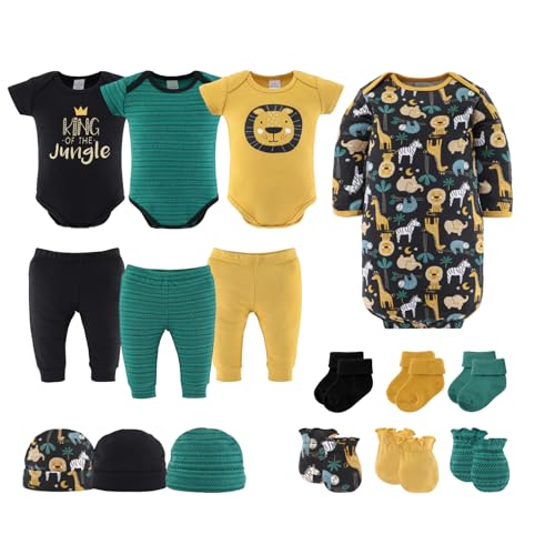 The Peanut Shell طقم هدايا بيبي لايت من بي نات شيل للأولاد - طقم هدايا مكون من 16 قطعة للمولود الجديد، ملابس أطفال وضروريات المولود الجديد - ملابس المولود الجديد 0-3 أشهر - ملك الغابة - Image 1