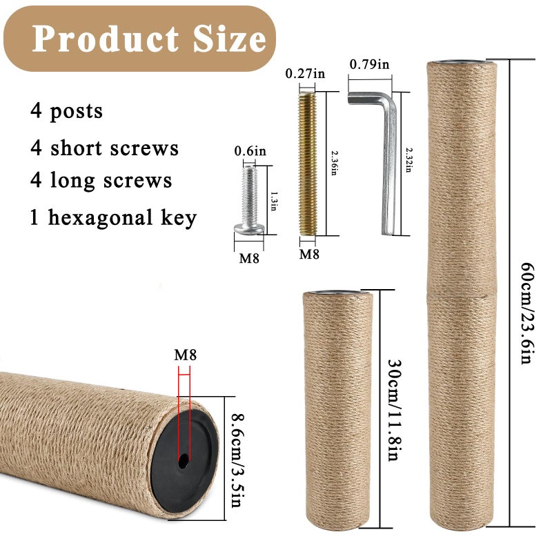 Lainballow 4 Pcs Cat Scratching Post Replacement, Natural Jute Pole Cat Tree Replacement Parts, Cat Scratch Pole with 8 M8 Screws and 1 Wrench for Indoor Kittens Tower (11.8 x 3.3 in) - Image 2