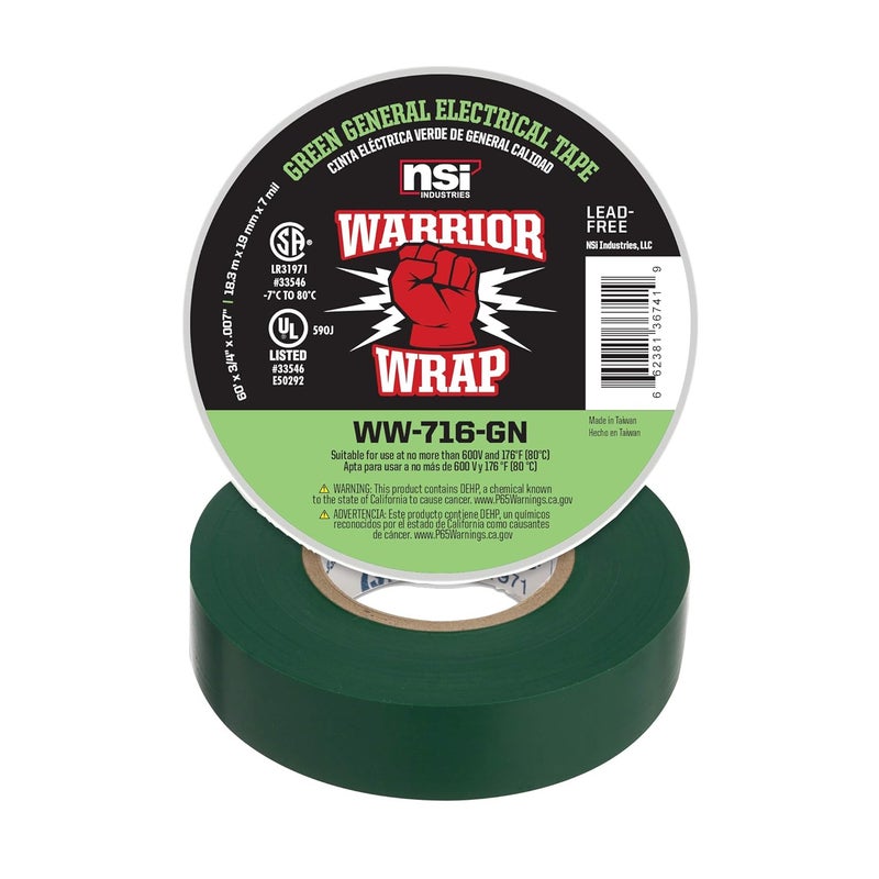 NSI WarriorWrap General 3/4 in. x 60 ft. 7 mil Vinyl Electrical Tape, Green - Image 1