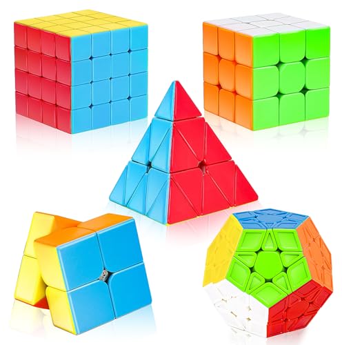 AuntyFey Speed Cube Set 5 Pack Speed Magic Cube with Speed Cube 3x3 2x2 4x4 Pyramid Megaminx Stickerless Cube for Kids Toddlers Adults Puzzle Cube Set for Kid - Image 1