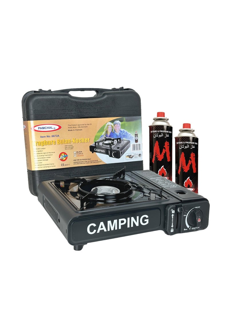 PAMCHAL Camping Stove with Box and 2-Pieces Butane Gas Cartridge Black