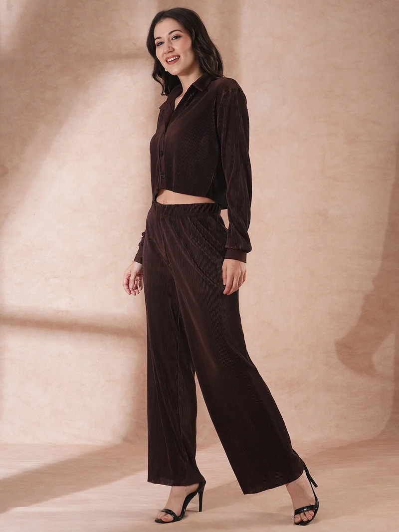 globus Globus Women Brown Self Design Accordion Pleats Crop Shirt & Trousers