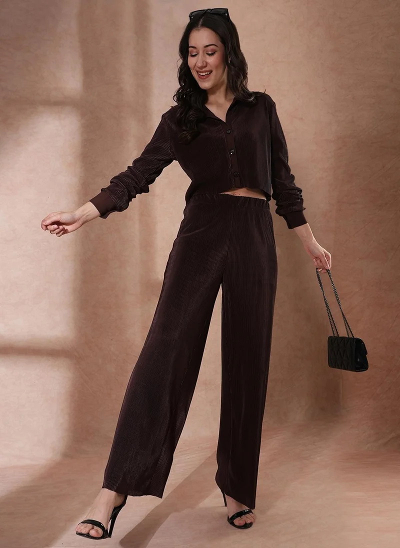 Globus Women Brown Self Design Accordion Pleats Crop Shirt & Party Trousers