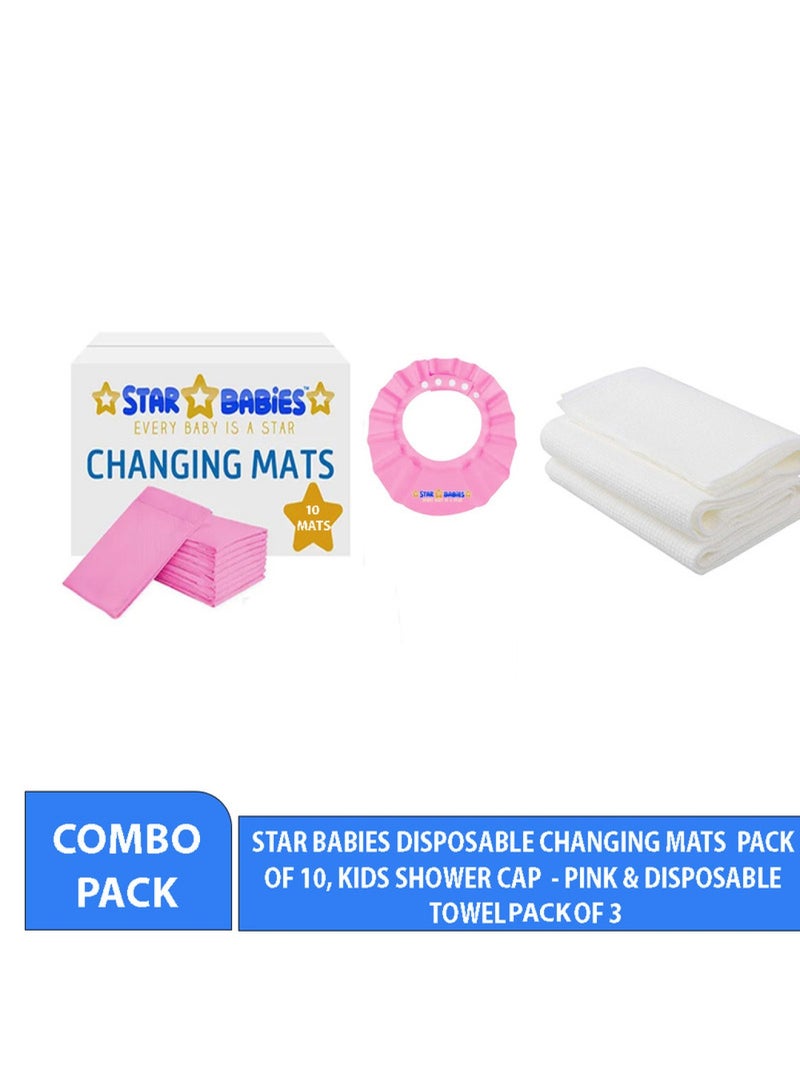 STAR BABiES Combo Pack Pack Changing Mat 10Pcs Disposable Towel 3Pcs Shower Cap Pink - Image 1