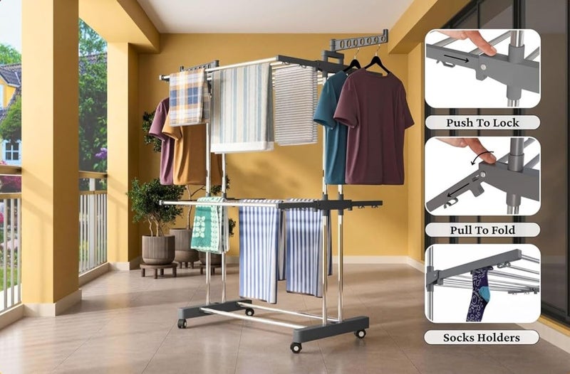 RIOMAX 2-Tier Premium Heavy-Duty Stainless-Steel Clothes Drying Stand with Wheels, Foldable Laundry Rack with Sock Holder, Indoor & Outdoor Cloth Dryer for Balcony Terrace (SS, Pack of 1) - Image 3