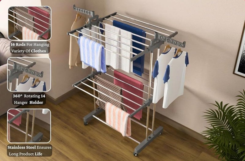 RIOMAX 2-Tier Premium Heavy-Duty Stainless-Steel Clothes Drying Stand with Wheels, Foldable Laundry Rack with Sock Holder, Indoor & Outdoor Cloth Dryer for Balcony Terrace (SS, Pack of 1) - Image 4