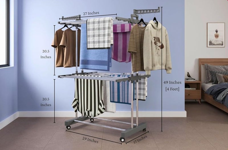 RIOMAX 2-Tier Premium Heavy-Duty Stainless-Steel Clothes Drying Stand with Wheels, Foldable Laundry Rack with Sock Holder, Indoor & Outdoor Cloth Dryer for Balcony Terrace (SS, Pack of 1) - Image 2