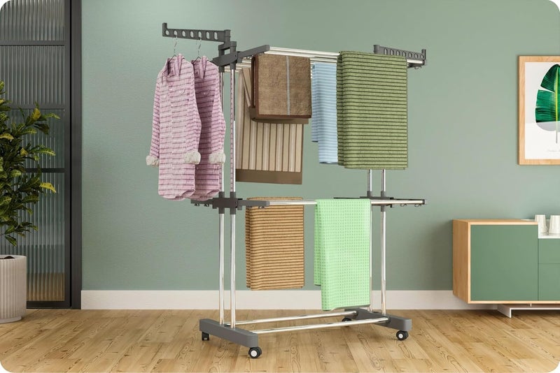 RIOMAX 2-Tier Premium Heavy-Duty Stainless-Steel Clothes Drying Stand with Wheels, Foldable Laundry Rack with Sock Holder, Indoor & Outdoor Cloth Dryer for Balcony Terrace (SS, Pack of 1) - Image 1
