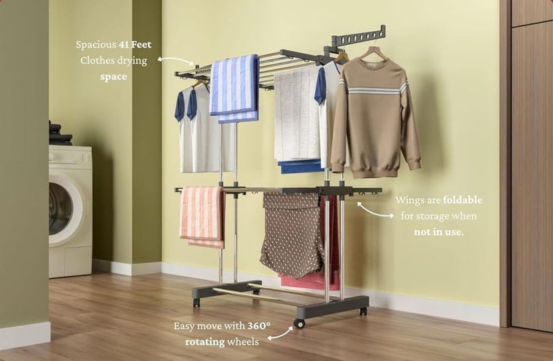 RIOMAX 2-Tier Premium Heavy-Duty Stainless-Steel Clothes Drying Stand with Wheels, Foldable Laundry Rack with Sock Holder, Indoor & Outdoor Cloth Dryer for Balcony Terrace (SS, Pack of 1) - Image 5