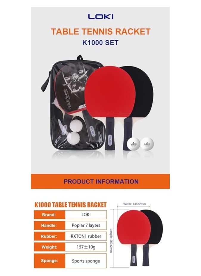 LOKI K1000 Table Tennis Rackets Set Ping Pong Paddles With 2 Balls