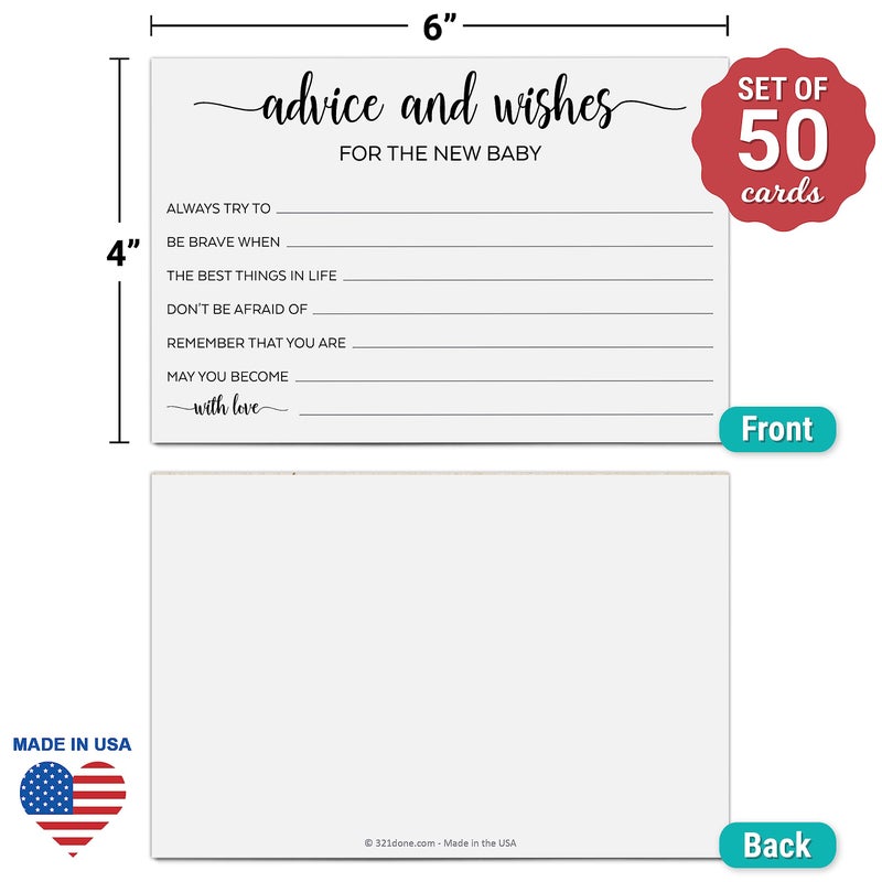 321Done Advice and Wishes for the New Baby, Made in USA - 4x6 White, Fun Baby Shower Game Ideas for Mom-To-Be, Parents-To-Be, Gender Reveal Party Supply, Decorations, Keepsake - 50 Cards - Image 2