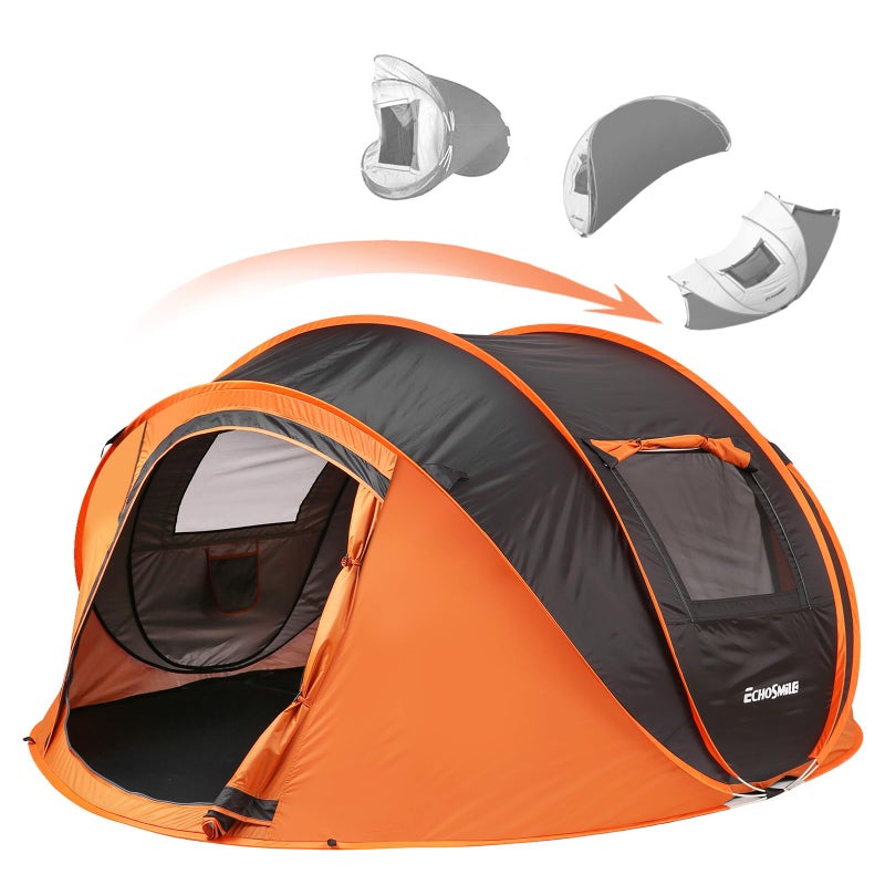 EchoSmile Instant Pop Up Camping Tent, 4 Person Easy Setup Tent, Water Resistant Dome, Portable with Carry Bag,Black & Orange - Image 1