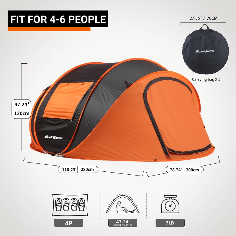 EchoSmile Instant Pop Up Camping Tent, 4 Person Easy Setup Tent, Water Resistant Dome, Portable with Carry Bag,Black & Orange - Image 2