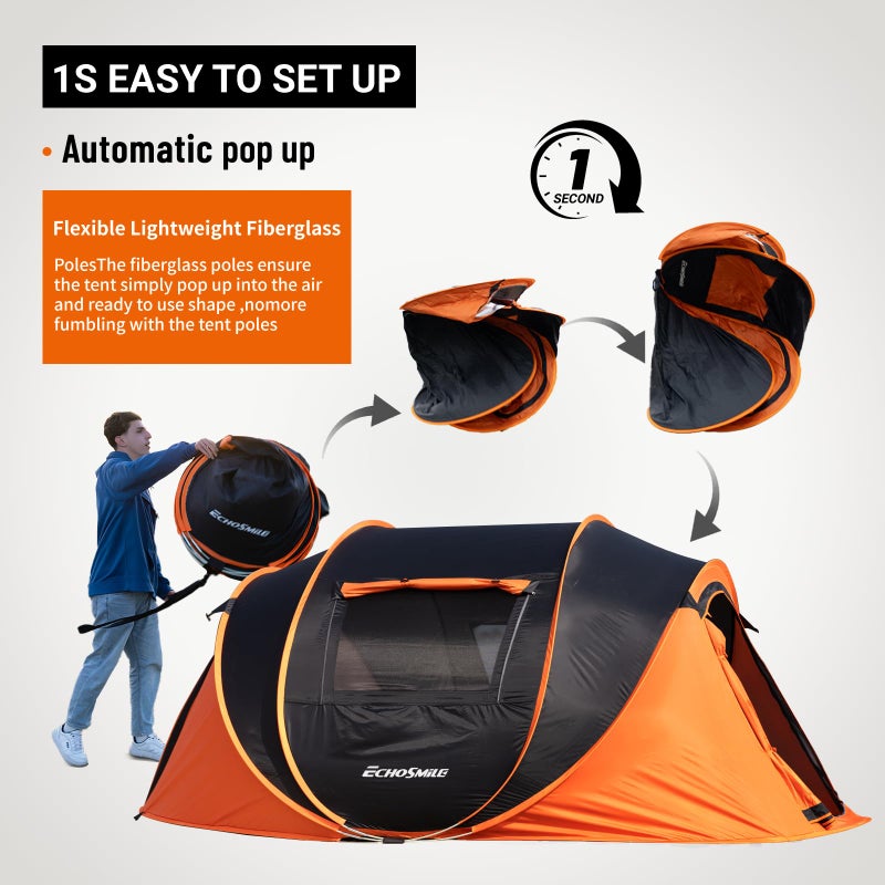 EchoSmile Instant Pop Up Camping Tent, 4 Person Easy Setup Tent, Water Resistant Dome, Portable with Carry Bag,Black & Orange - Image 3