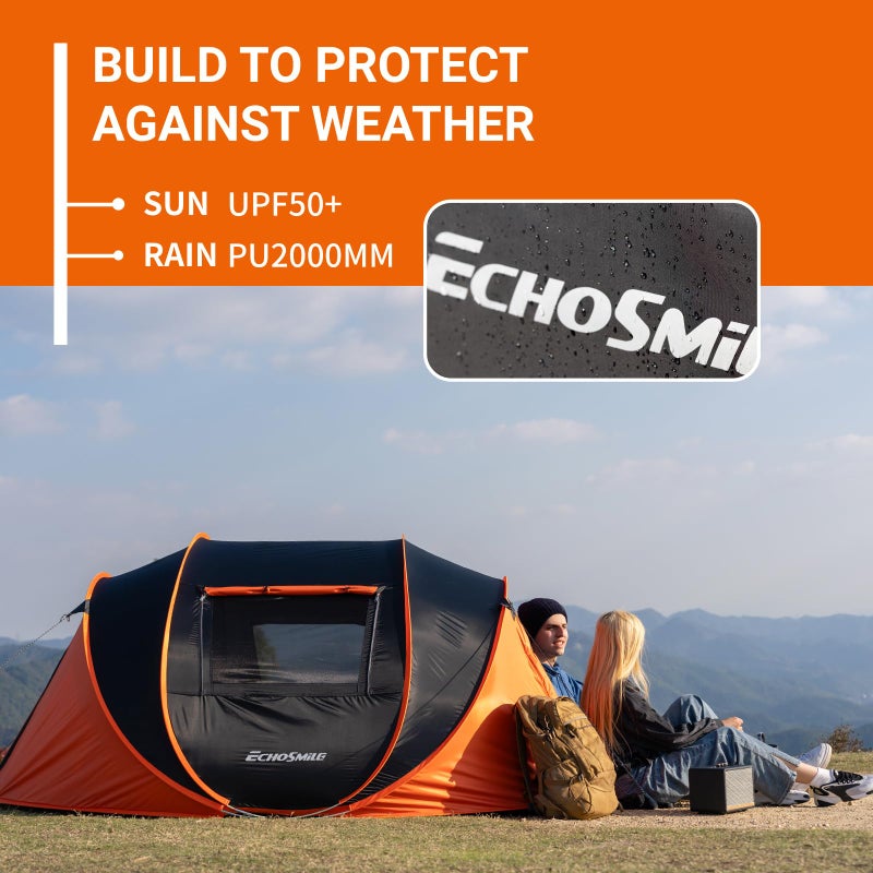EchoSmile Instant Pop Up Camping Tent, 4 Person Easy Setup Tent, Water Resistant Dome, Portable with Carry Bag,Black & Orange - Image 5
