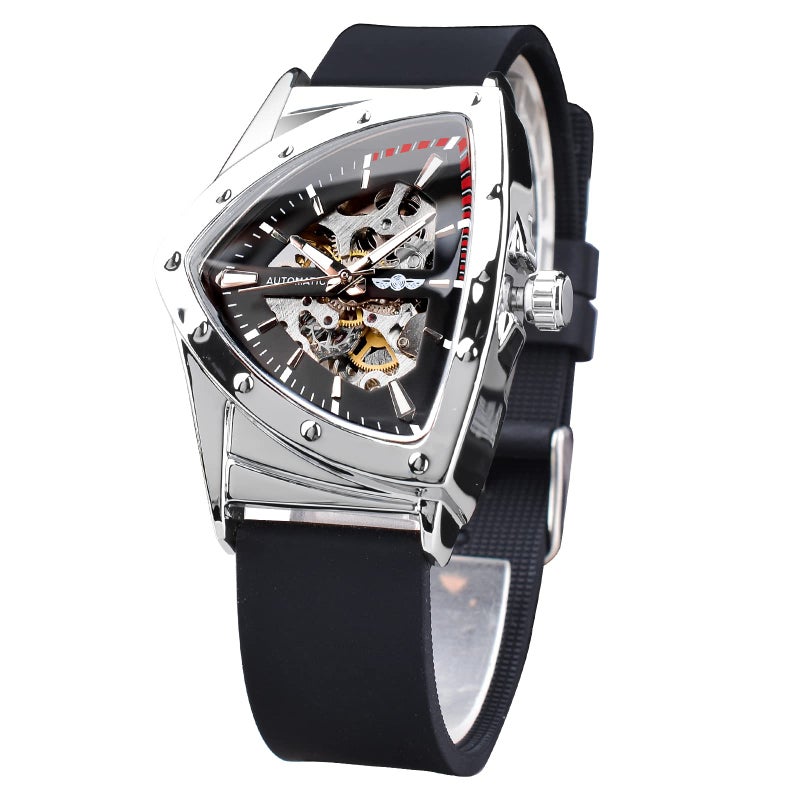 FORSINING Skeleton Watches for Men, Automatic Mechanical Watch with Triangle Dial, Luminous Self Winding Watches Stainless Steel Bracelet or Soft Silicone Strap - Image 1