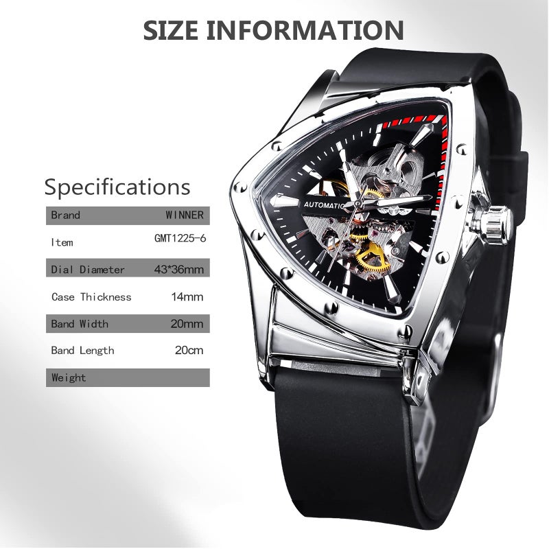 FORSINING Skeleton Watches for Men, Automatic Mechanical Watch with Triangle Dial, Luminous Self Winding Watches Stainless Steel Bracelet or Soft Silicone Strap - Image 3