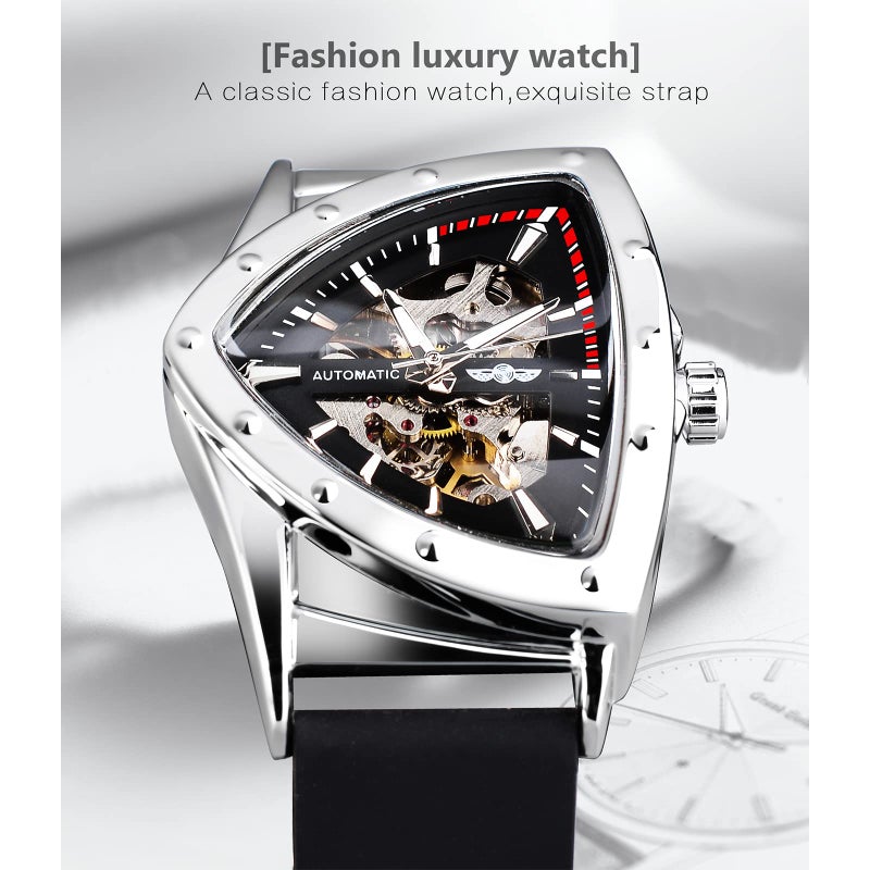 FORSINING Skeleton Watches for Men, Automatic Mechanical Watch with Triangle Dial, Luminous Self Winding Watches Stainless Steel Bracelet or Soft Silicone Strap - Image 2