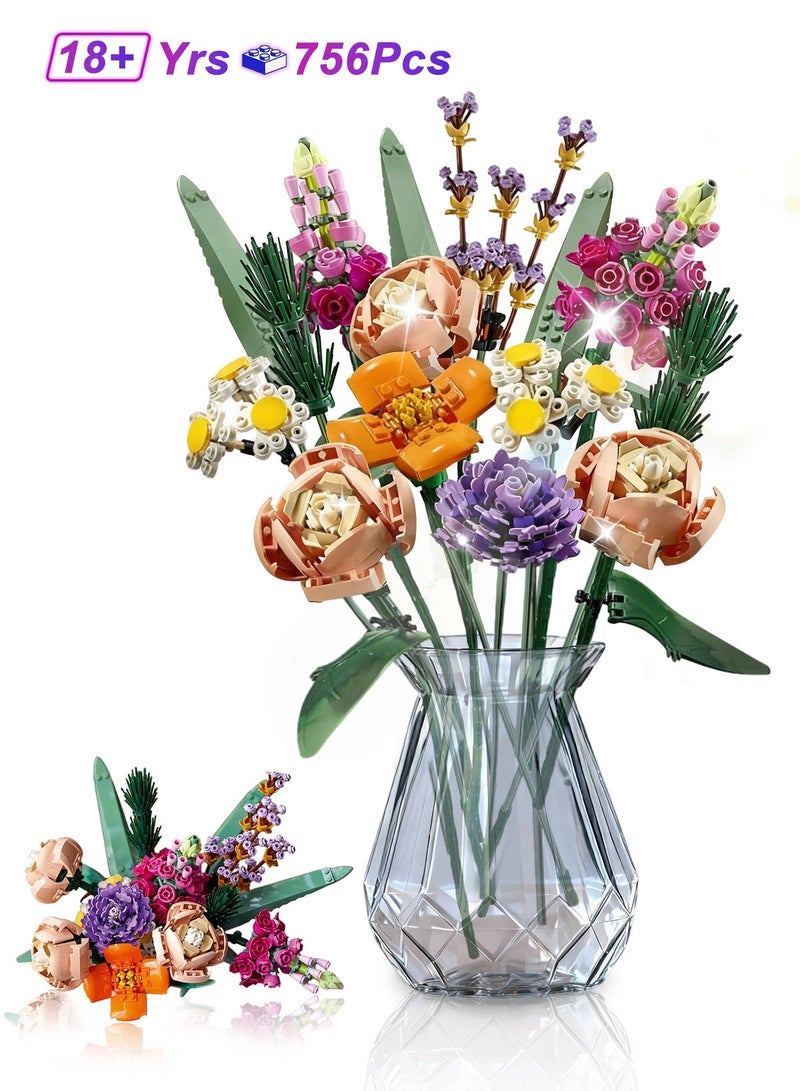 Xkimos Flower Bouquet Building Blocks, 756 PCS Flower Bouquet Building Kit, Flower Building Blocks, Home Plant Decor, Creative Project for Adults  Botanical - Image 1